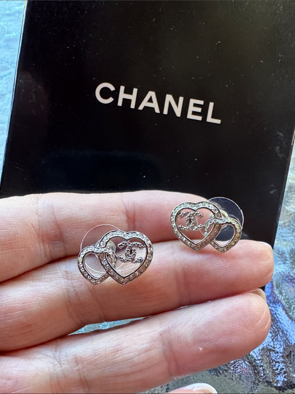 CHANEL Pierced Silver Crystal Interlocking Heart Earrings